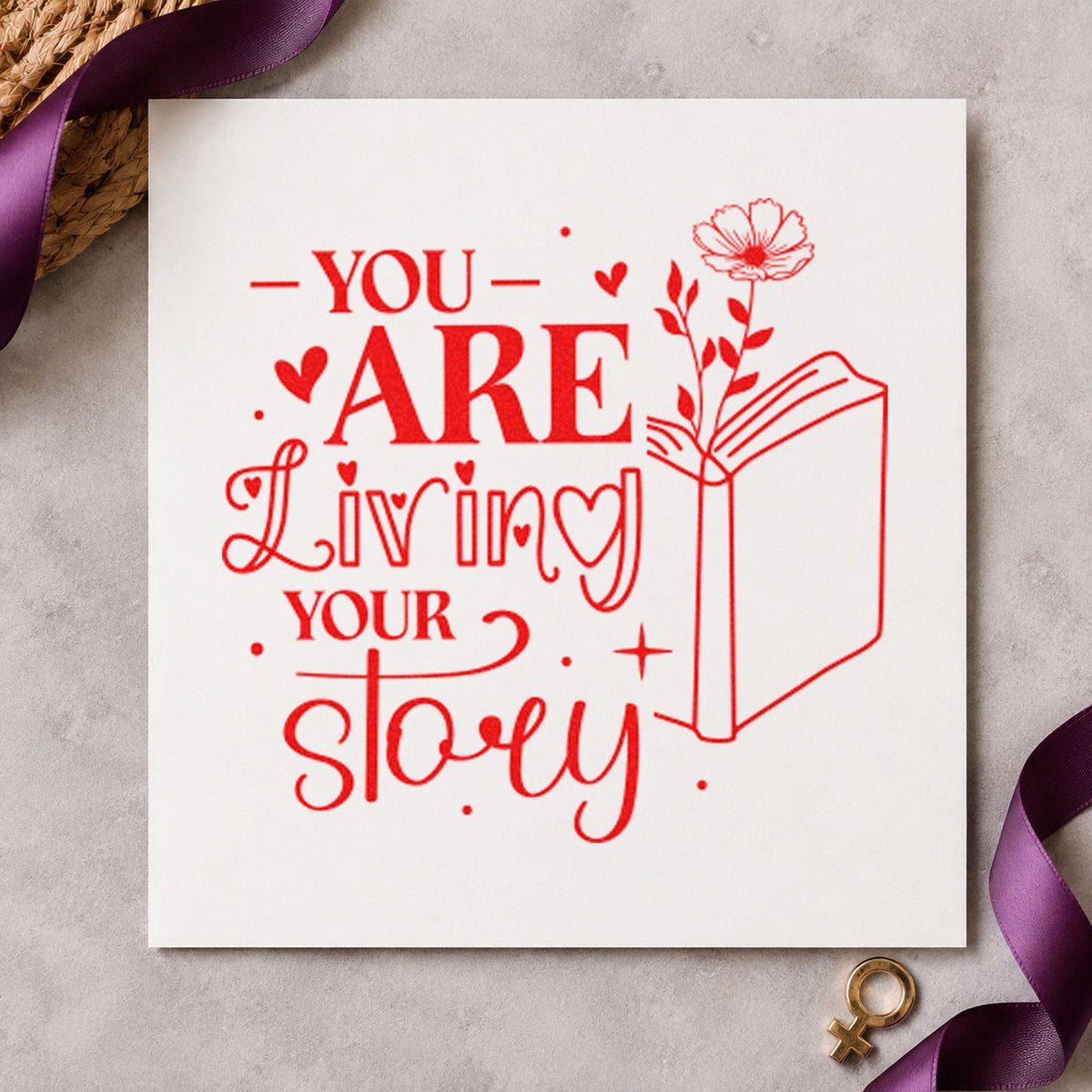 You Are Living Story rubber stamp shown in red ink, stamped for projects such as box draft labels.