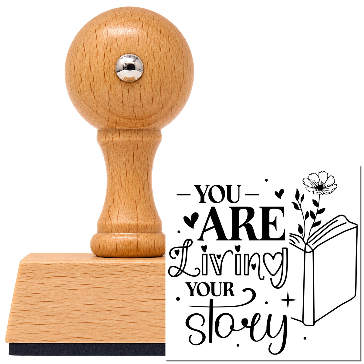 Vintage Pro beech wood stamp with a round knob handle, shown with its black You Are Living Story imprint on white.