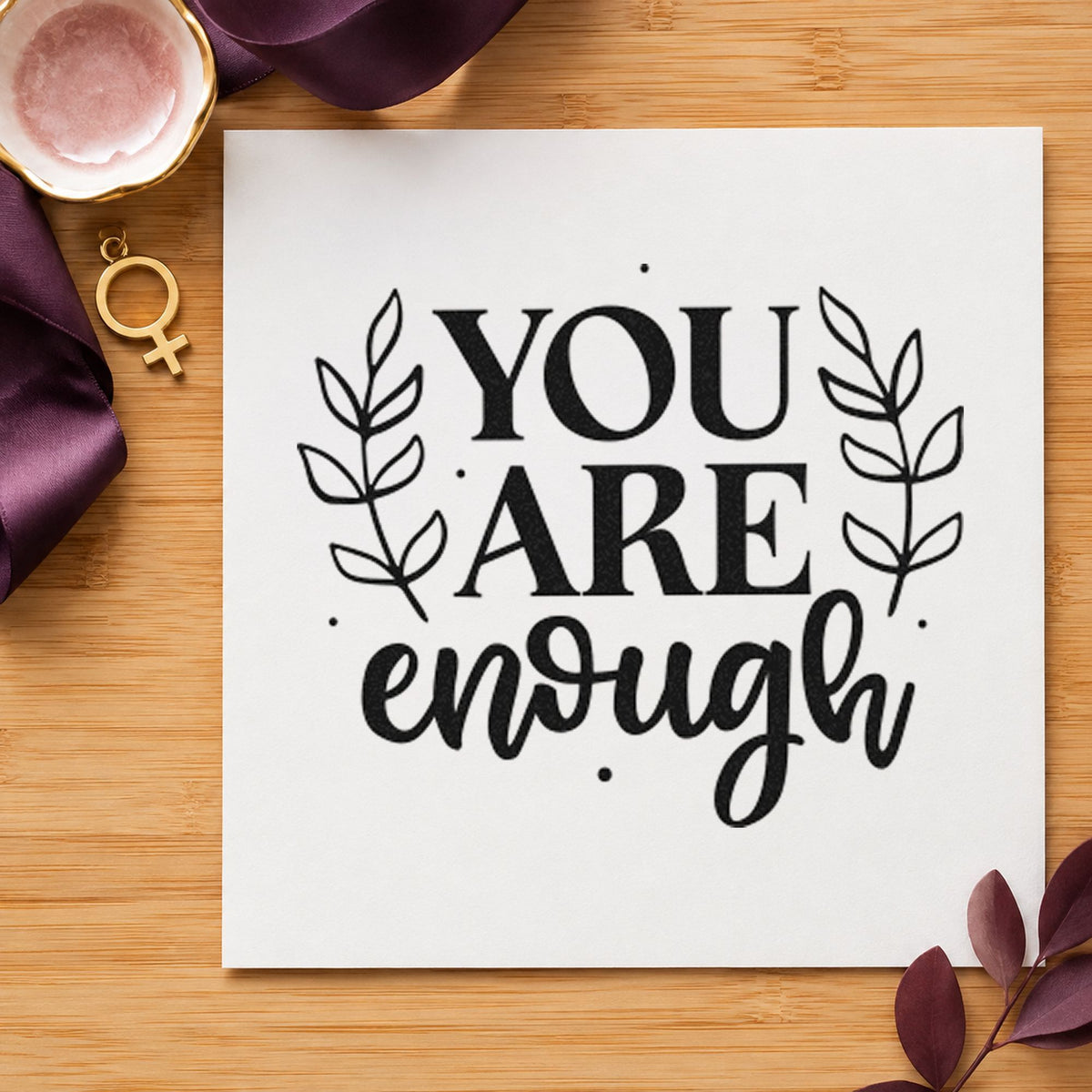 You Are Enough Leaves craft stamp imprint in black ink on a handmade project, one idea being snack box gift tags.