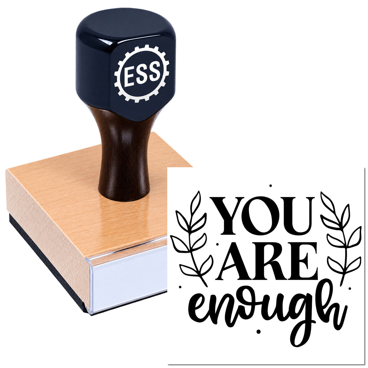 Navy blue custom stamp and seal with ESS logo, wooden base, and black leaf-decorated seal reading "You are enough."