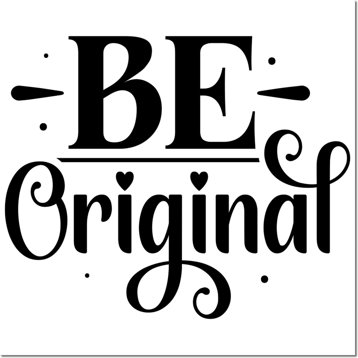Custom stamp and seal design with black BE Original lettering, decorative swirls, hearts, and dots on a white background.