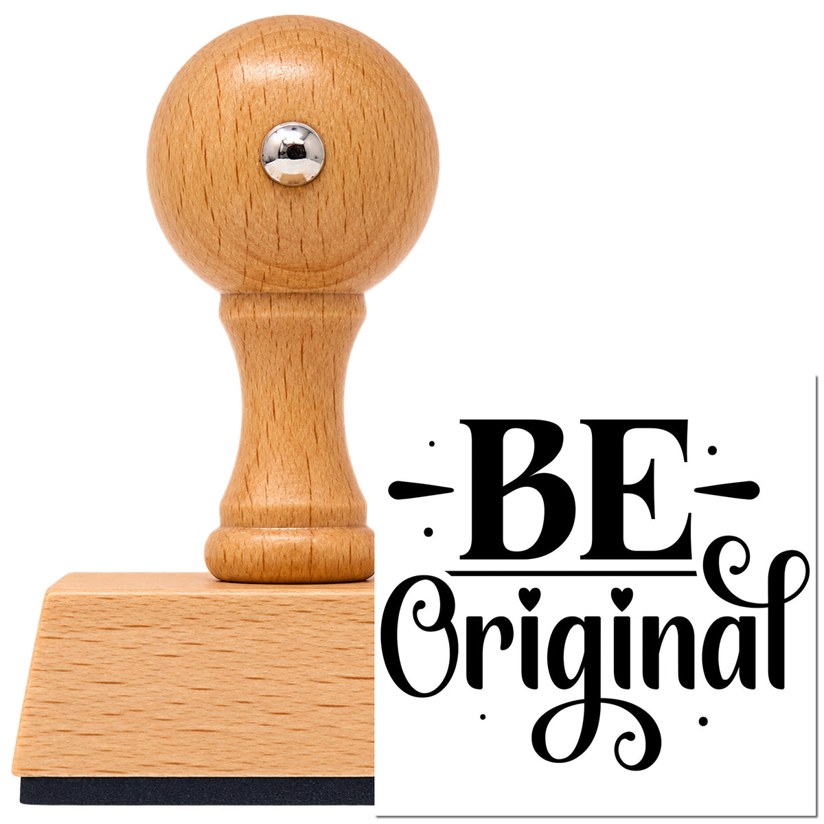 Vintage Pro beech wood stamp with a round knob handle, shown with its black Be Original Decorative Lettering imprint on white.