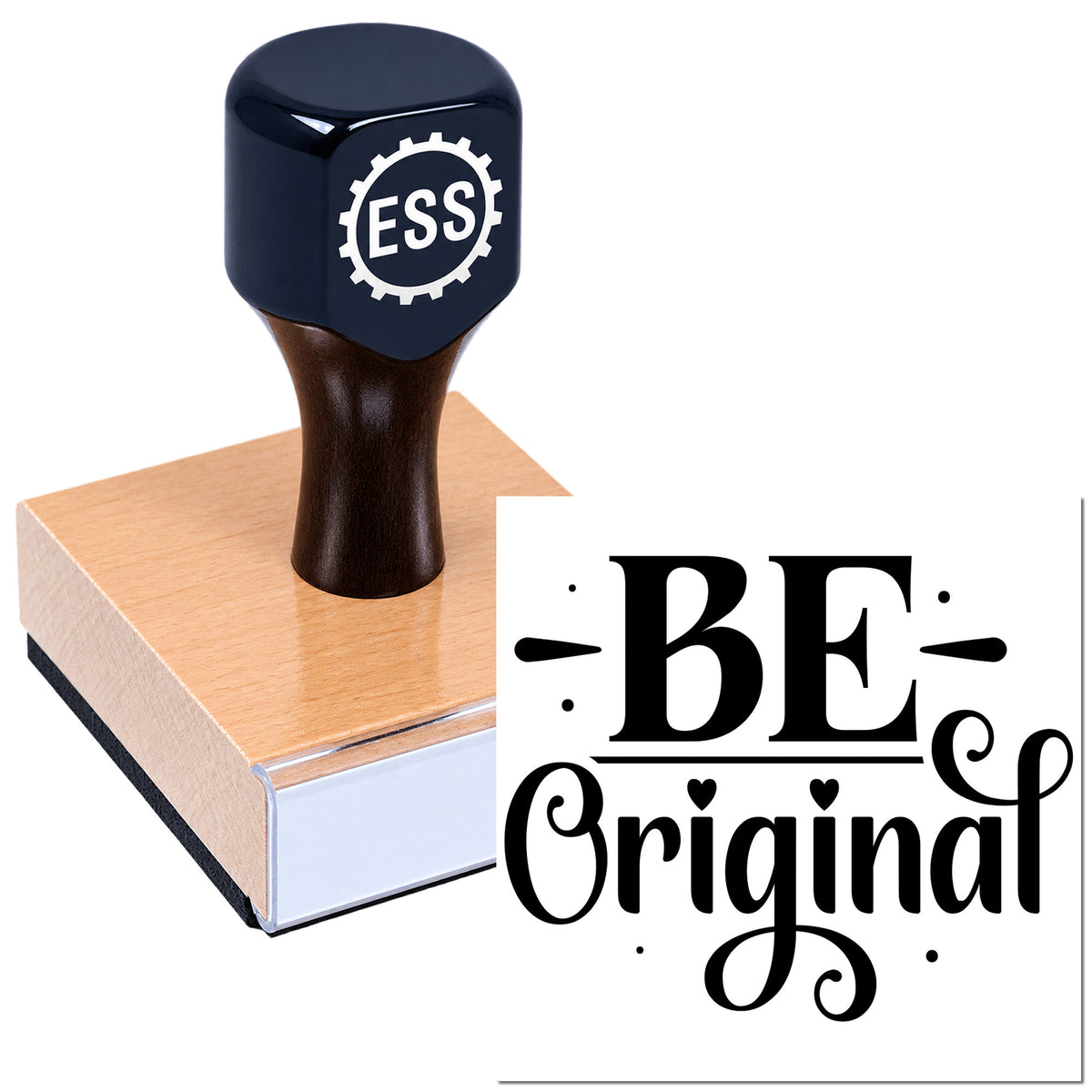 Blue rubber stamp and seal products: black ESS-logo stamp on wooden block beside black "BE Original" design on white.