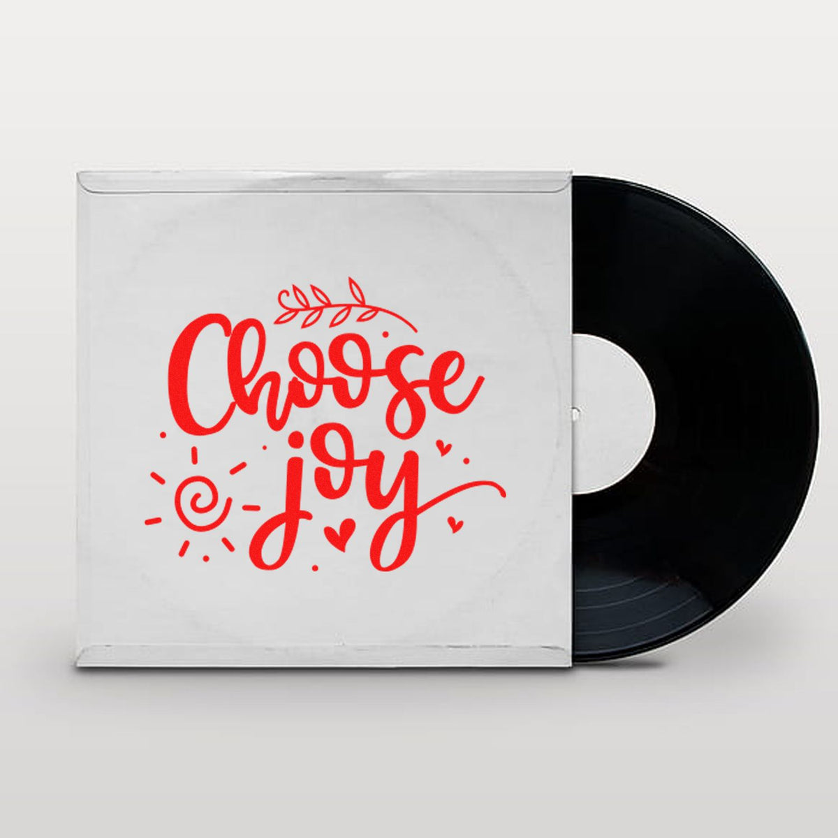 Red custom stamp-style seal reading Choose Joy on a white sleeve with a black vinyl record peeking out.
