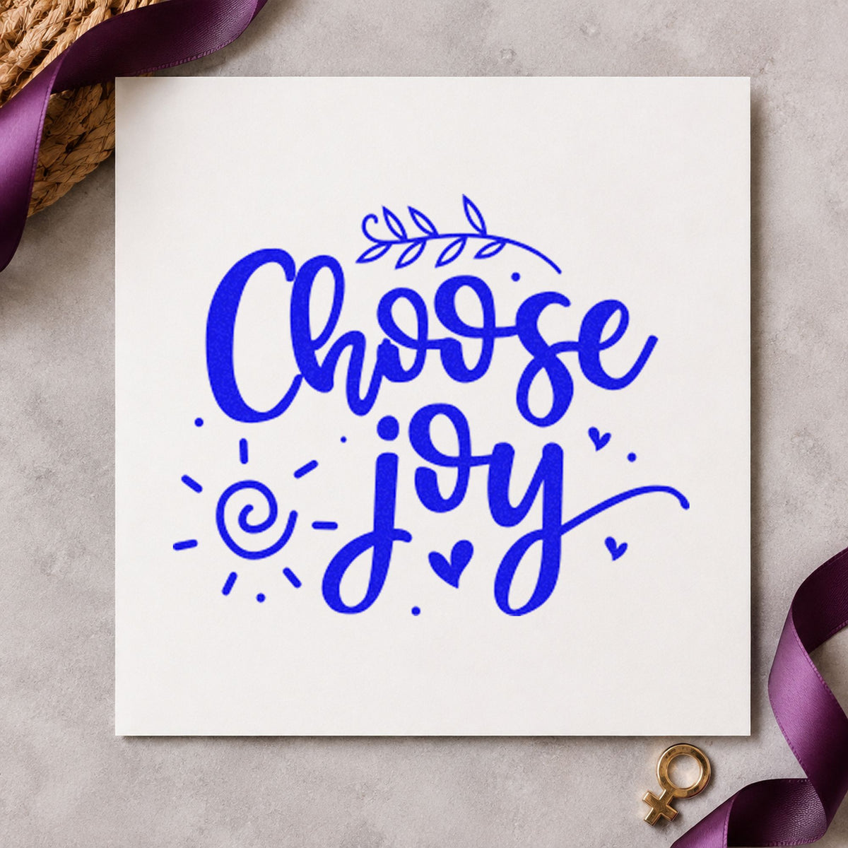Choose Joy Leafy Script craft stamp in blue ink on cardstock, an easy option for circle mat printing.