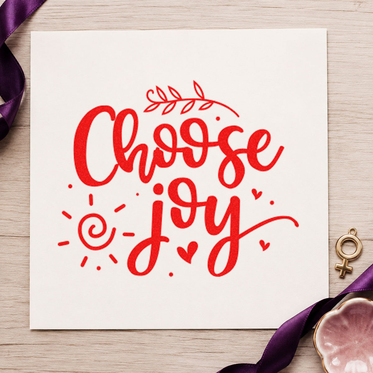 Choose Joy Leafy Script rubber stamp shown in red ink, stamped for projects such as bin instrument labels.