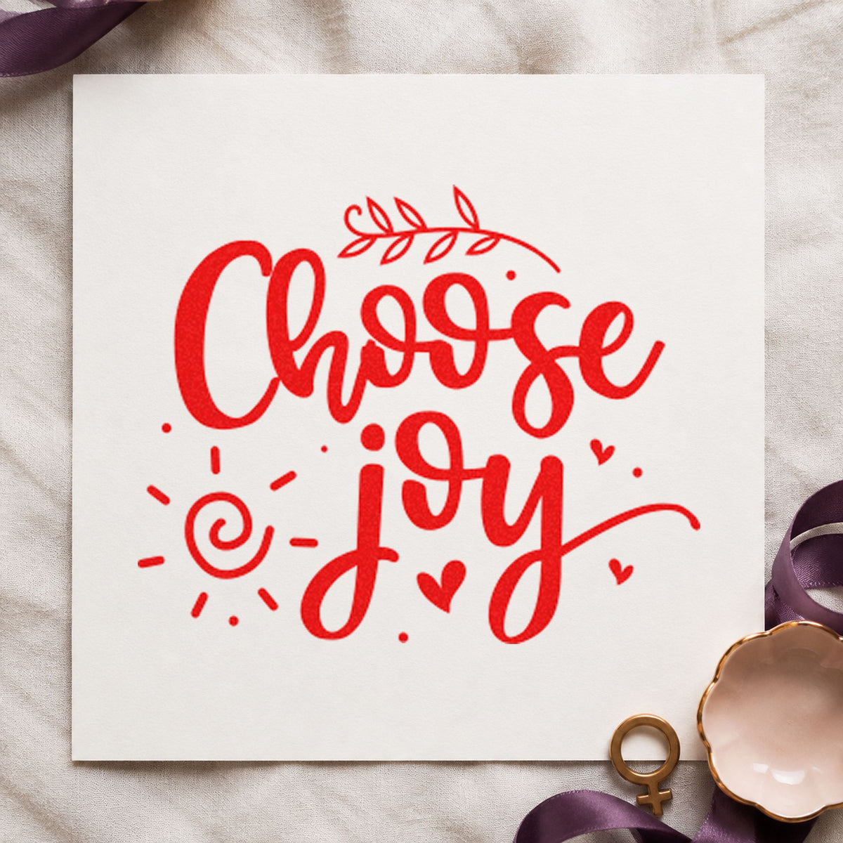 Choose Joy Leafy Script craft stamp imprint in red ink on a handmade project, one idea being song word cards.