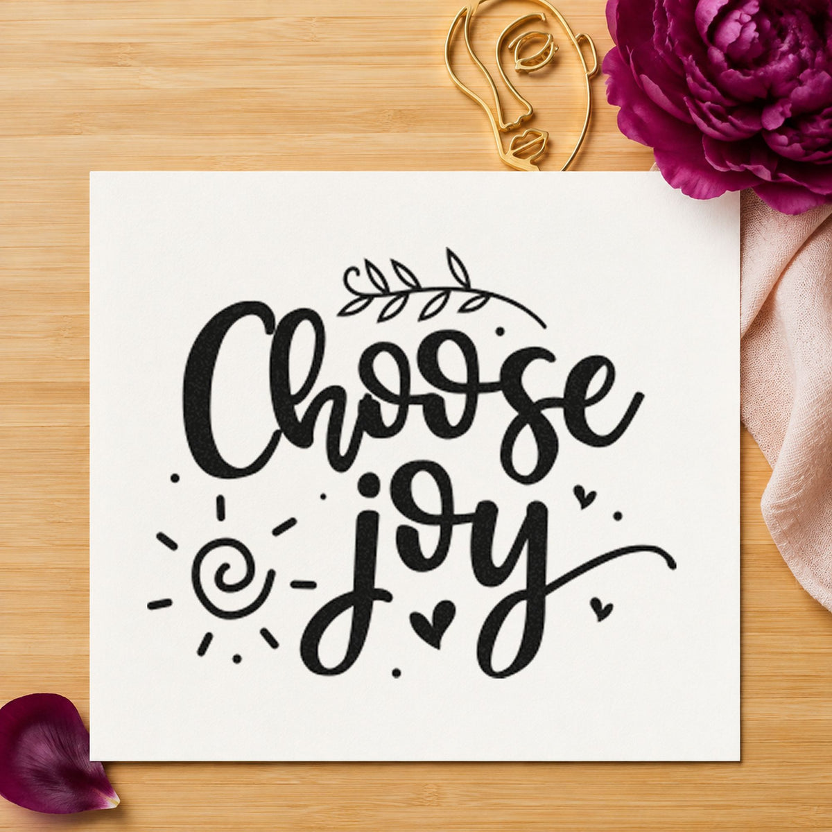 Choose Joy Leafy Script rubber stamp printed in black ink, ready for sun doodle cards and similar paper crafts.