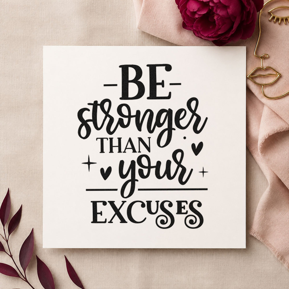 Stronger Than Your Excuses craft stamp imprint in black ink on a handmade project, one idea being water bottle tags.