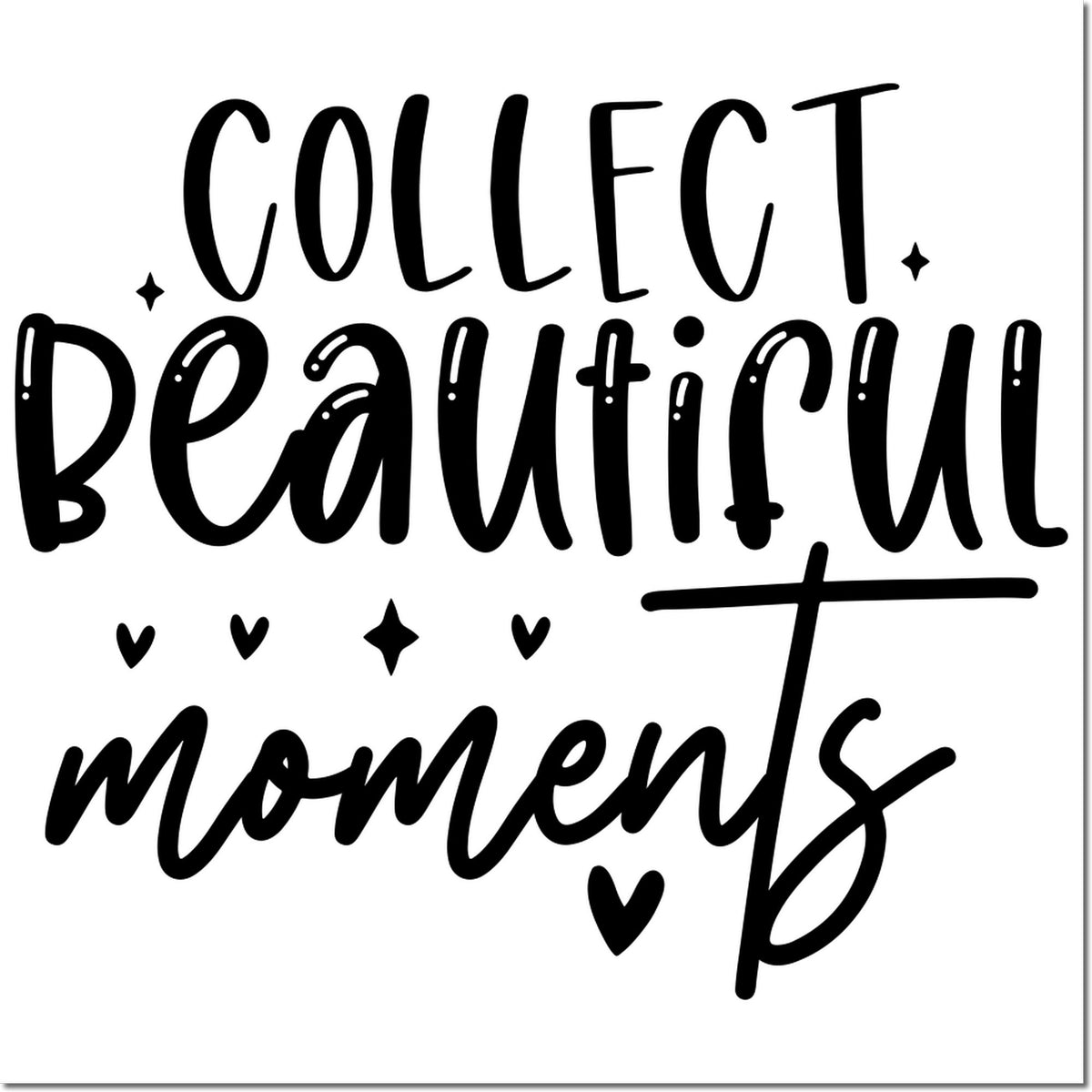 Black decorative stamp seal reading Collect Beautiful Moments with hearts and sparkles on a white background.