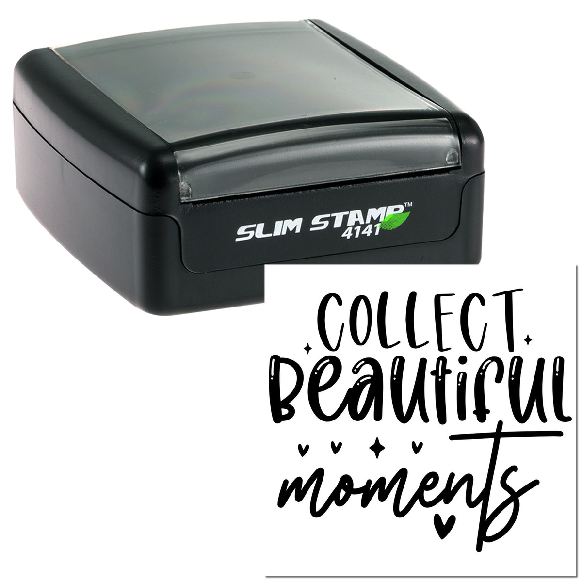 Black self-inking stamp seal with translucent gray cover, displaying Collect Beautiful Moments in bold script on white.