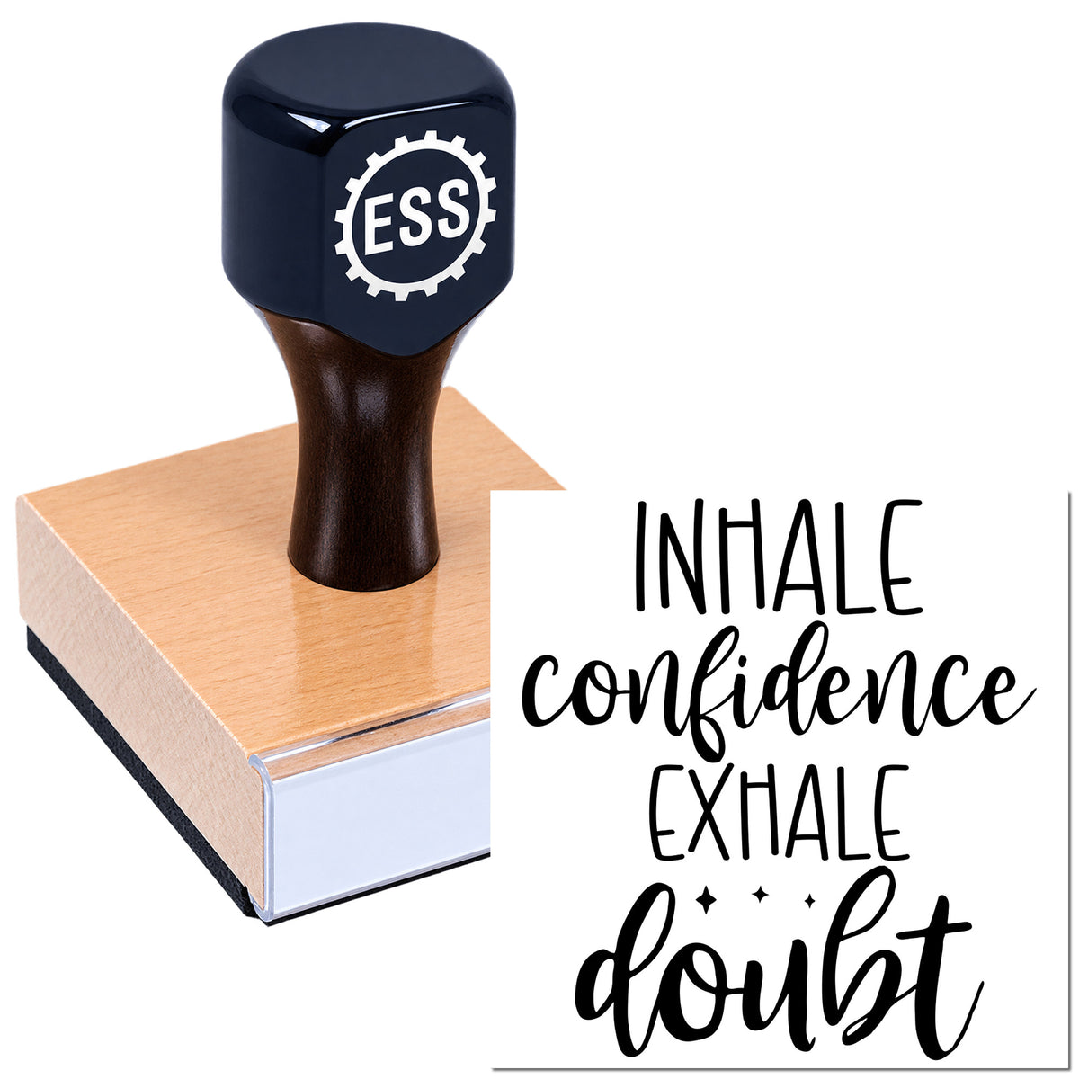 Black ESS stamp and seal on pink pad, featuring "Inhale confidence, exhale doubt" in black script.