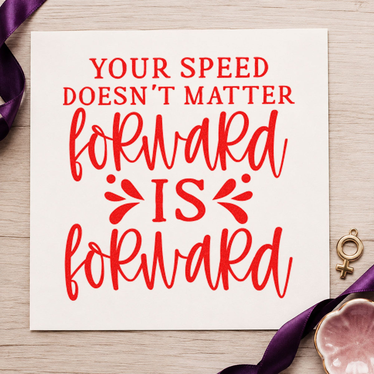 Forward Is Forward Quote craft stamp imprint in red ink on a handmade project, one idea being run log cards.