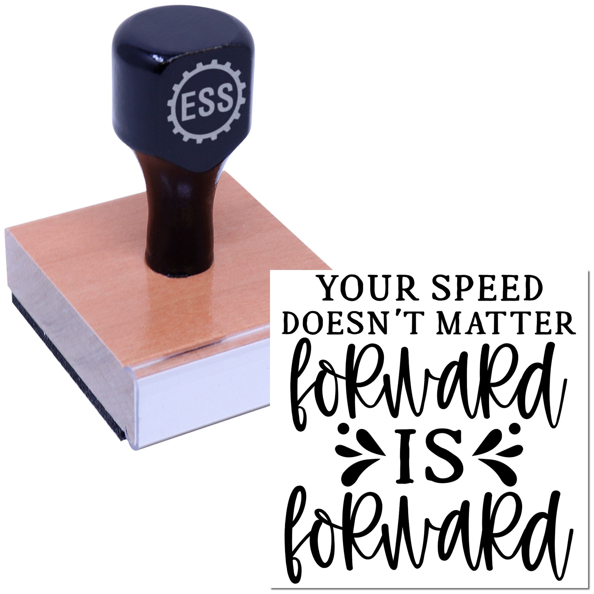 Black ESS self-inking stamp on a pink seal pad, with Your speed doesnt matter in bold black lettering.