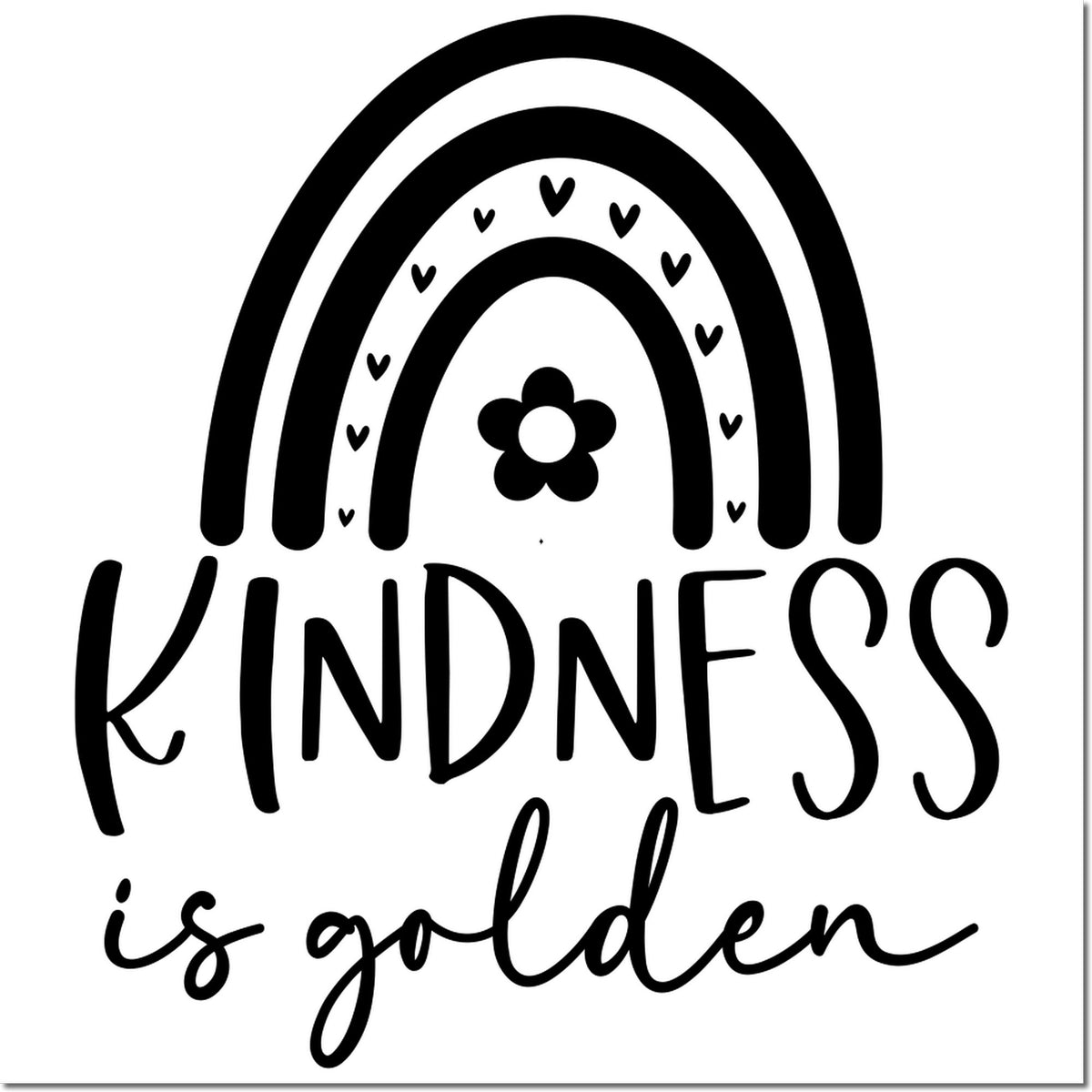 Black kindness stamp seal with rainbow, hearts, and flower, reading Kindness is golden.