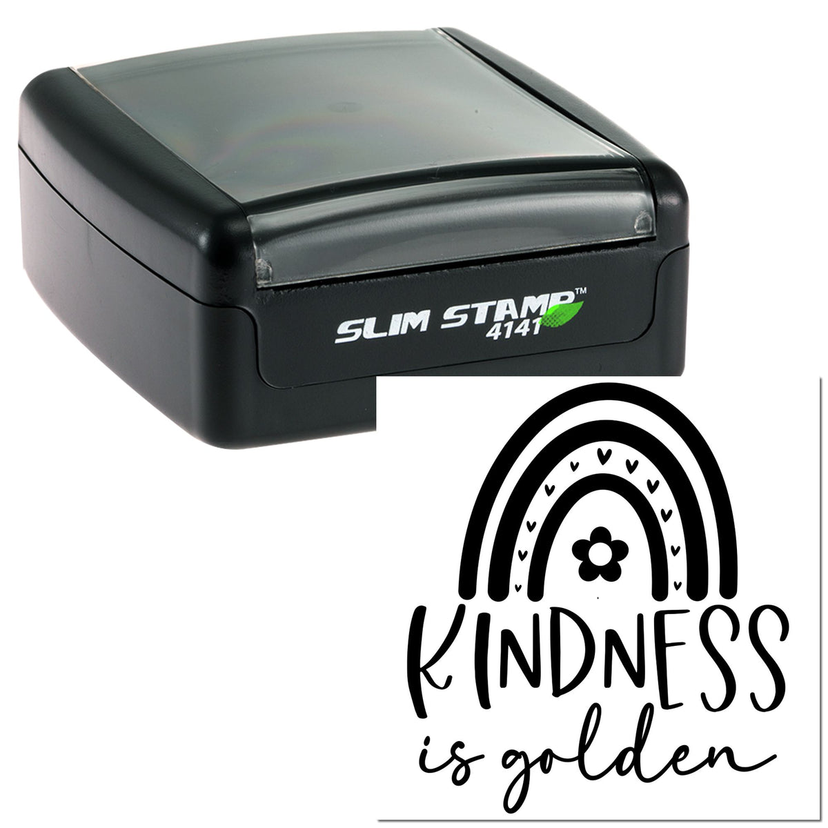 Black self-inking stamp and seal with rainbow design and Kindness is golden in black on white.