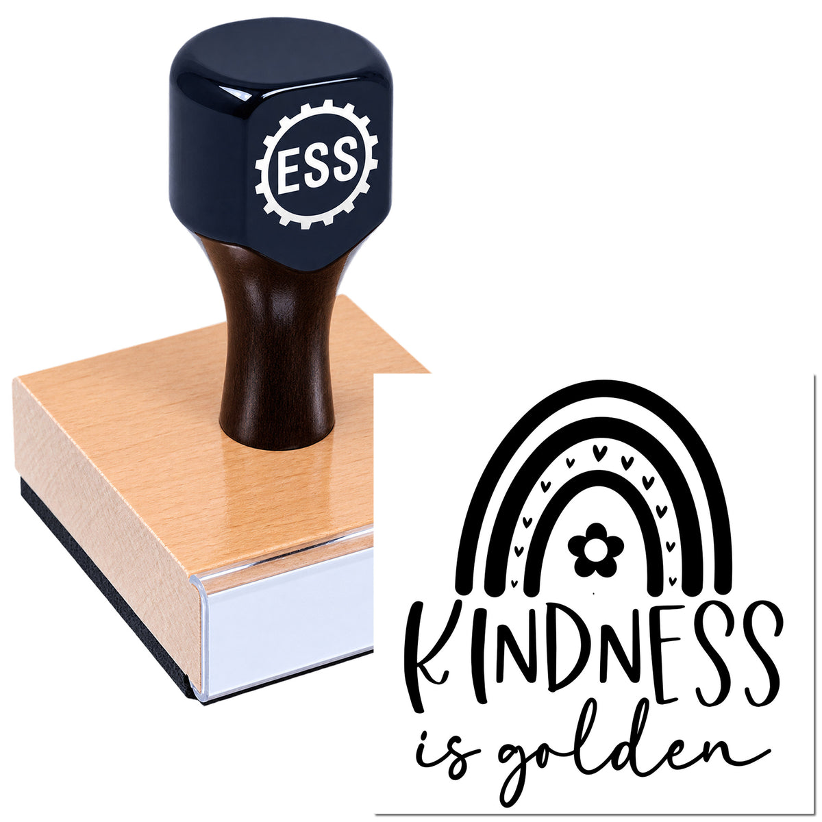 Navy stamp seal on wood block with "Kindness is golden" rainbow, flower and hearts design.