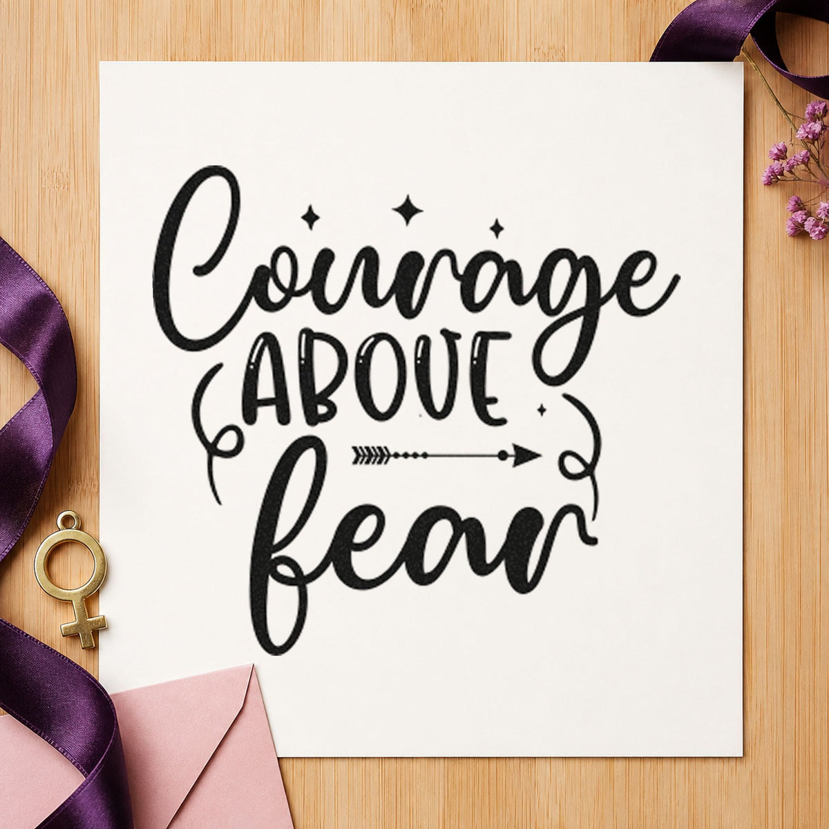 Courage and Fear Arrow craft stamp imprint in black ink on a handmade project, one idea being backpack gift tags.