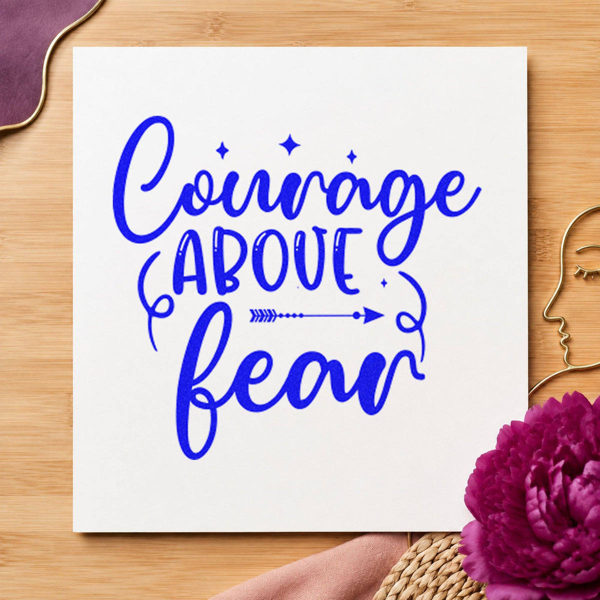 Courage and Fear Arrow craft stamp in blue ink on cardstock, an easy option for lunch bag printing.