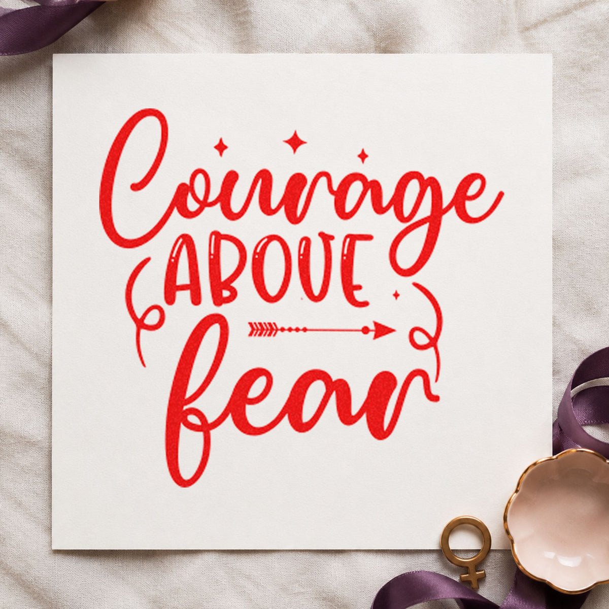 Courage and Fear Arrow rubber stamp shown in red ink, stamped for projects such as hook name labels.