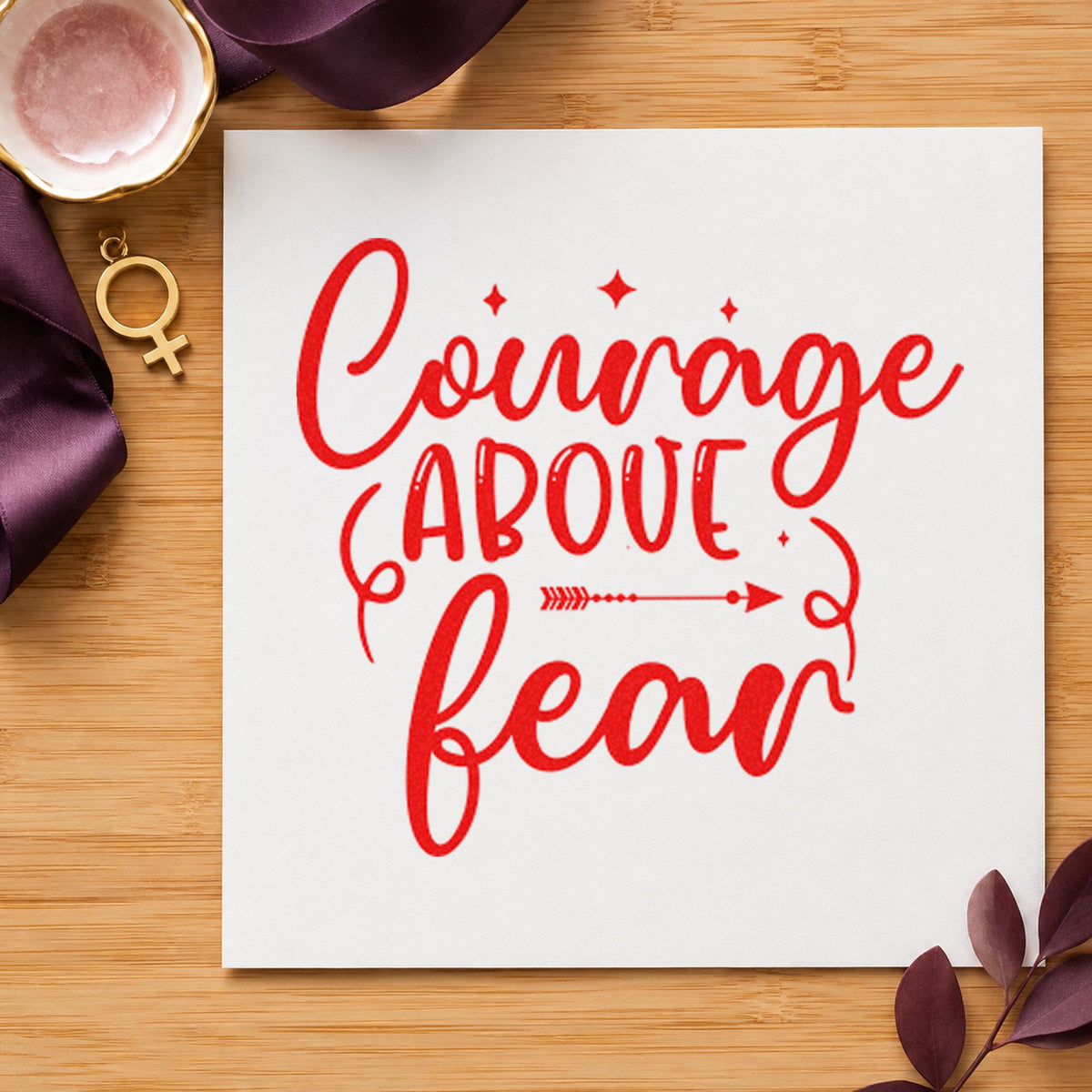 Courage and Fear Arrow craft stamp imprint in red ink on a handmade project, one idea being brave day cards.