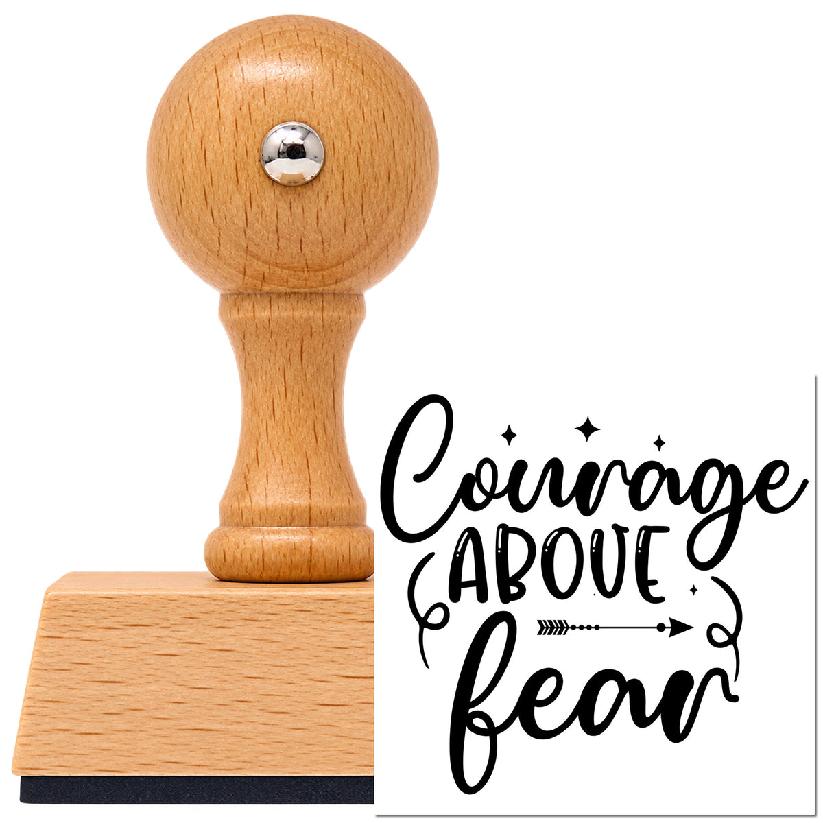 Vintage Pro beech wood stamp with a round knob handle, shown with its black Courage Fear Script With Sparkles imprint on white.