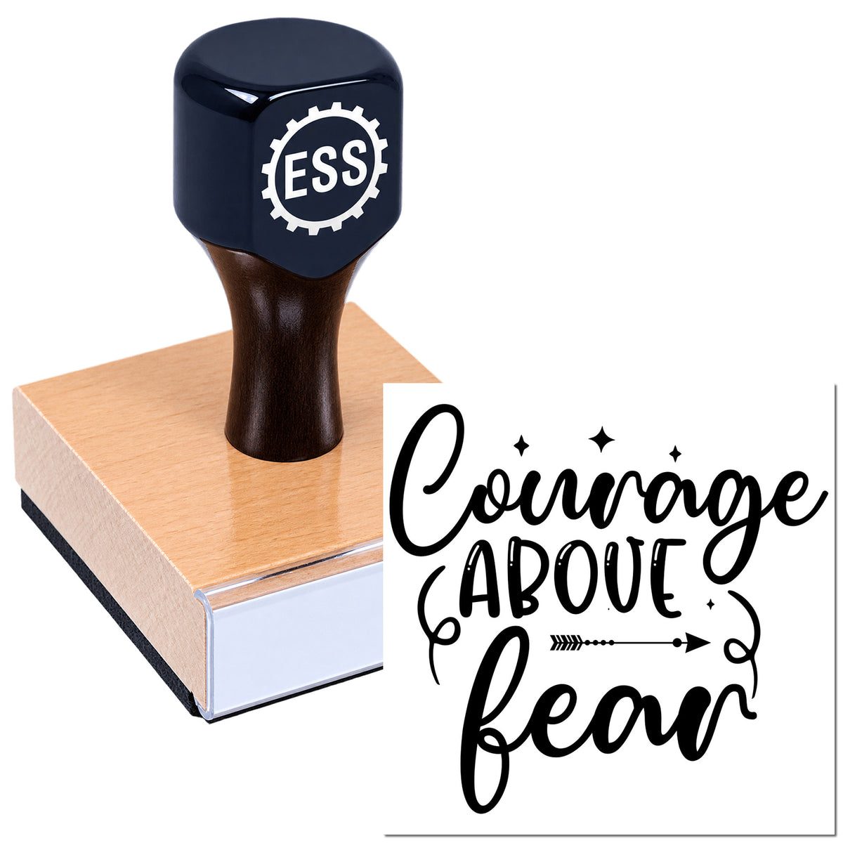 Black ESSI stamp and rose-gold seal block with "Courage above fear" design in bold black script and stars.