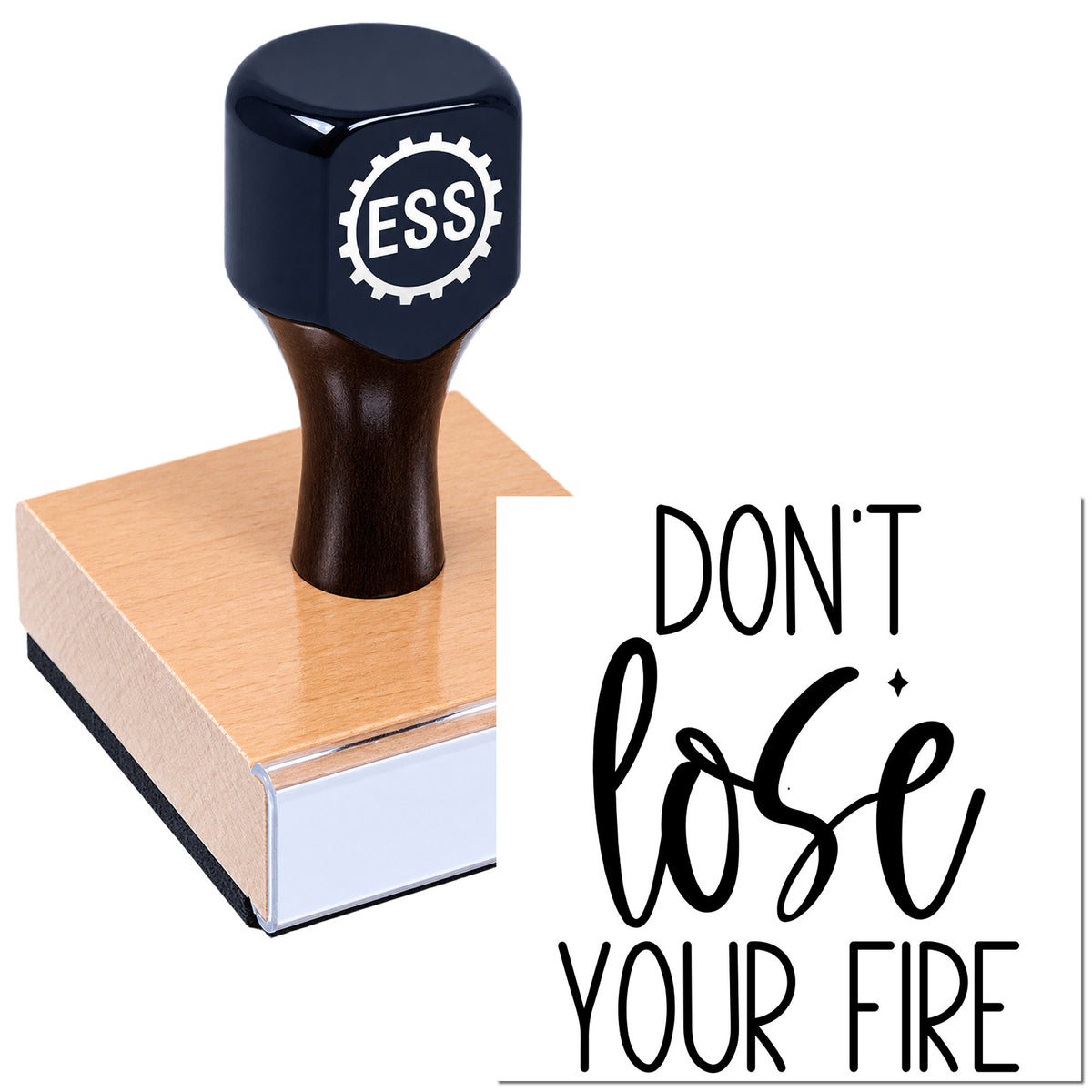 Dark blue ESSI stamp and seal on copper-toned base with "DON'T LOSE YOUR FIRE" text.