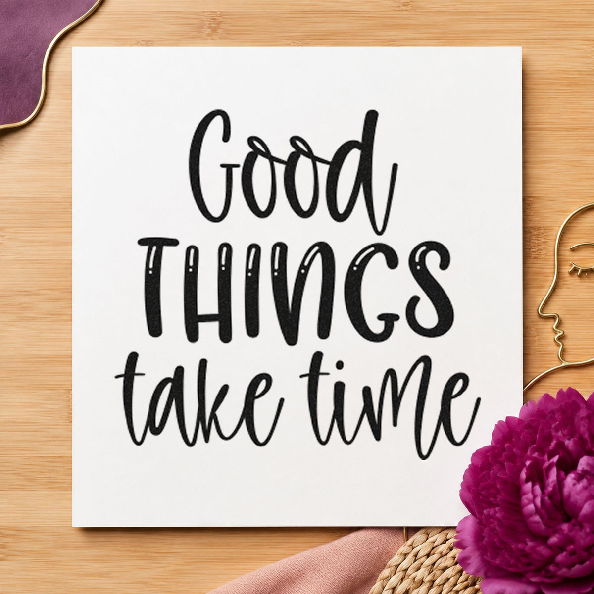 Good Things Take Time craft stamp imprint in black ink on a handmade project, one idea being starter jar gift tags.