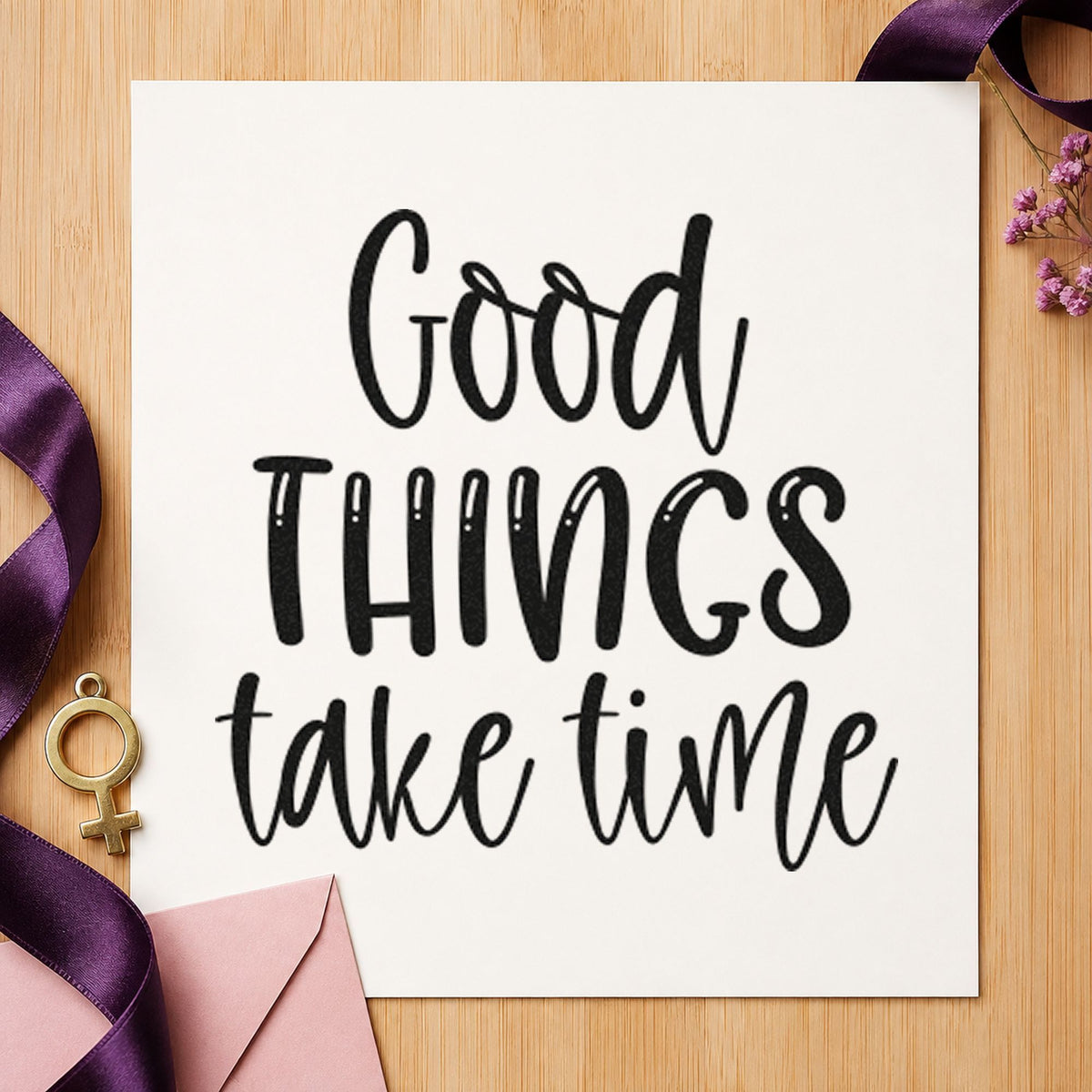 Good Things Take Time rubber stamp printed in black ink, ready for three line cards and similar paper crafts.