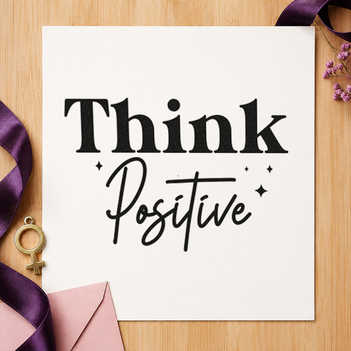 Think Positive Sparkle Lettering rubber stamp printed in black ink, ready for appointment day sheet and similar paper crafts.