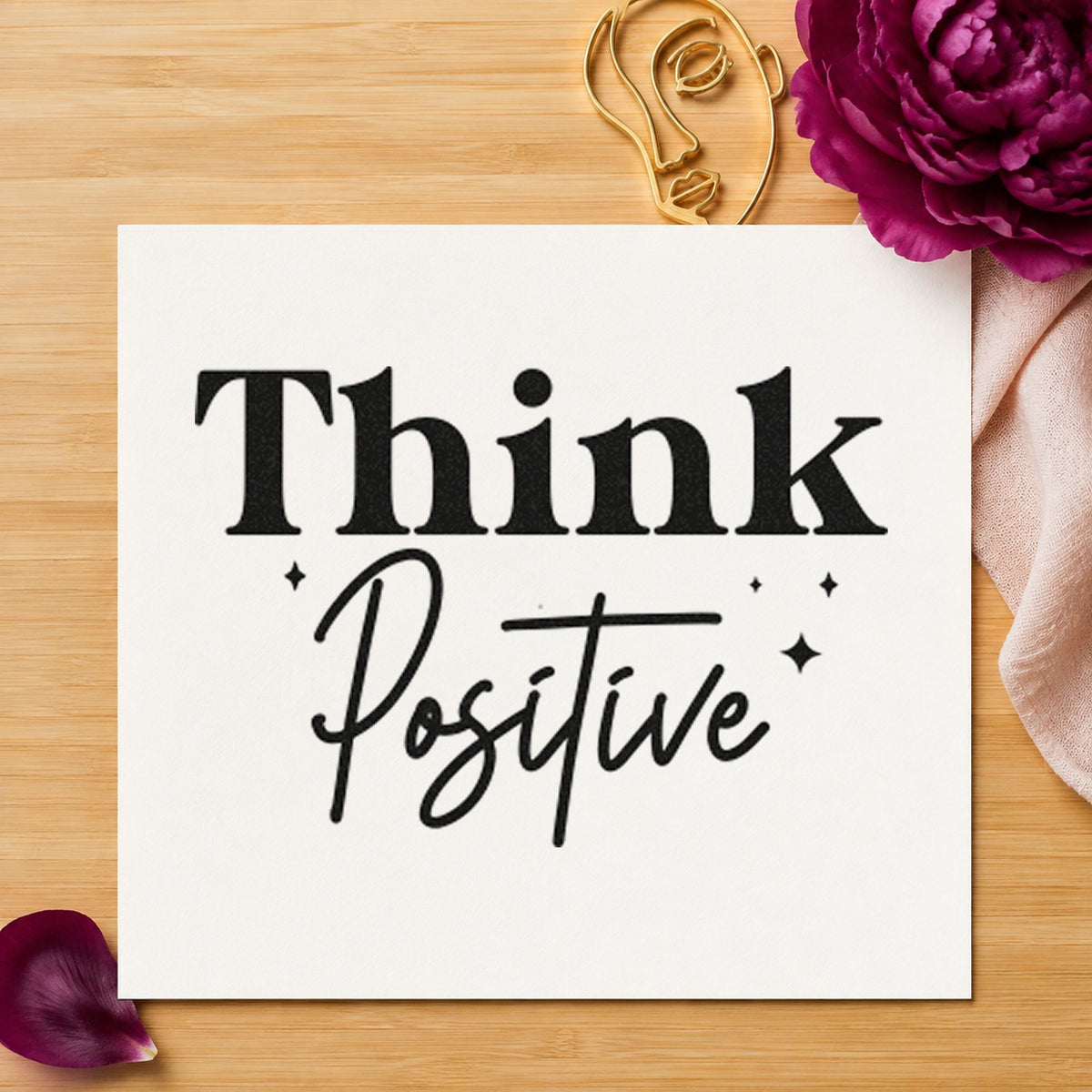 Think Positive Sparkle Lettering rubber stamp printed in black ink, ready for tiny sparkle cards and similar paper crafts.