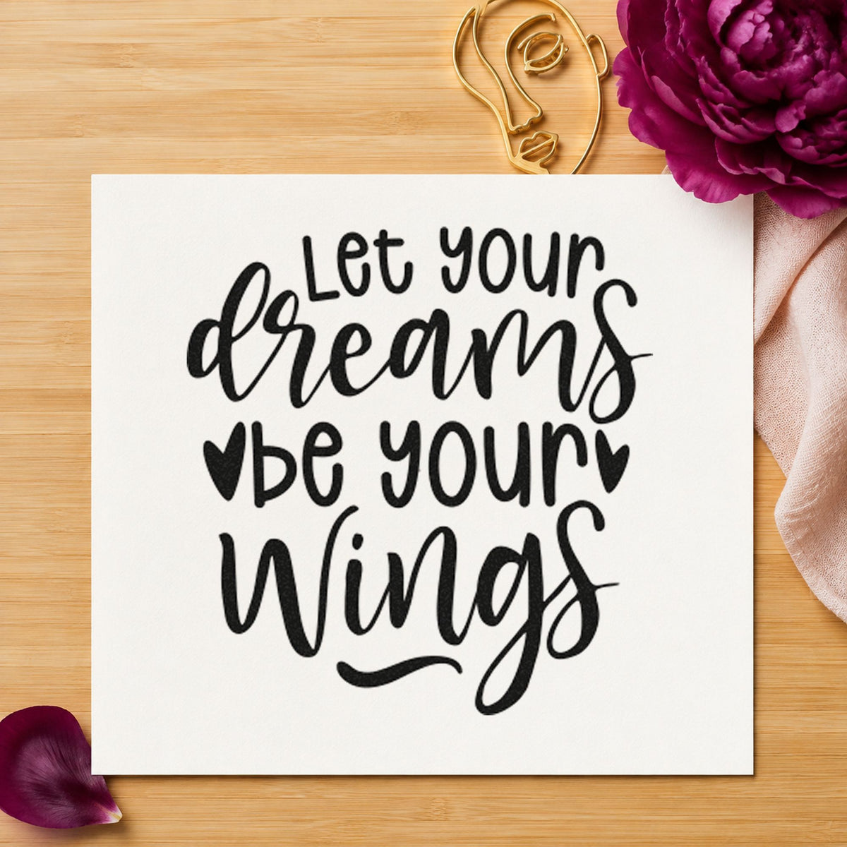 Dreams Be Your Wings rubber stamp printed in black ink, ready for flight log sheet and similar paper crafts.