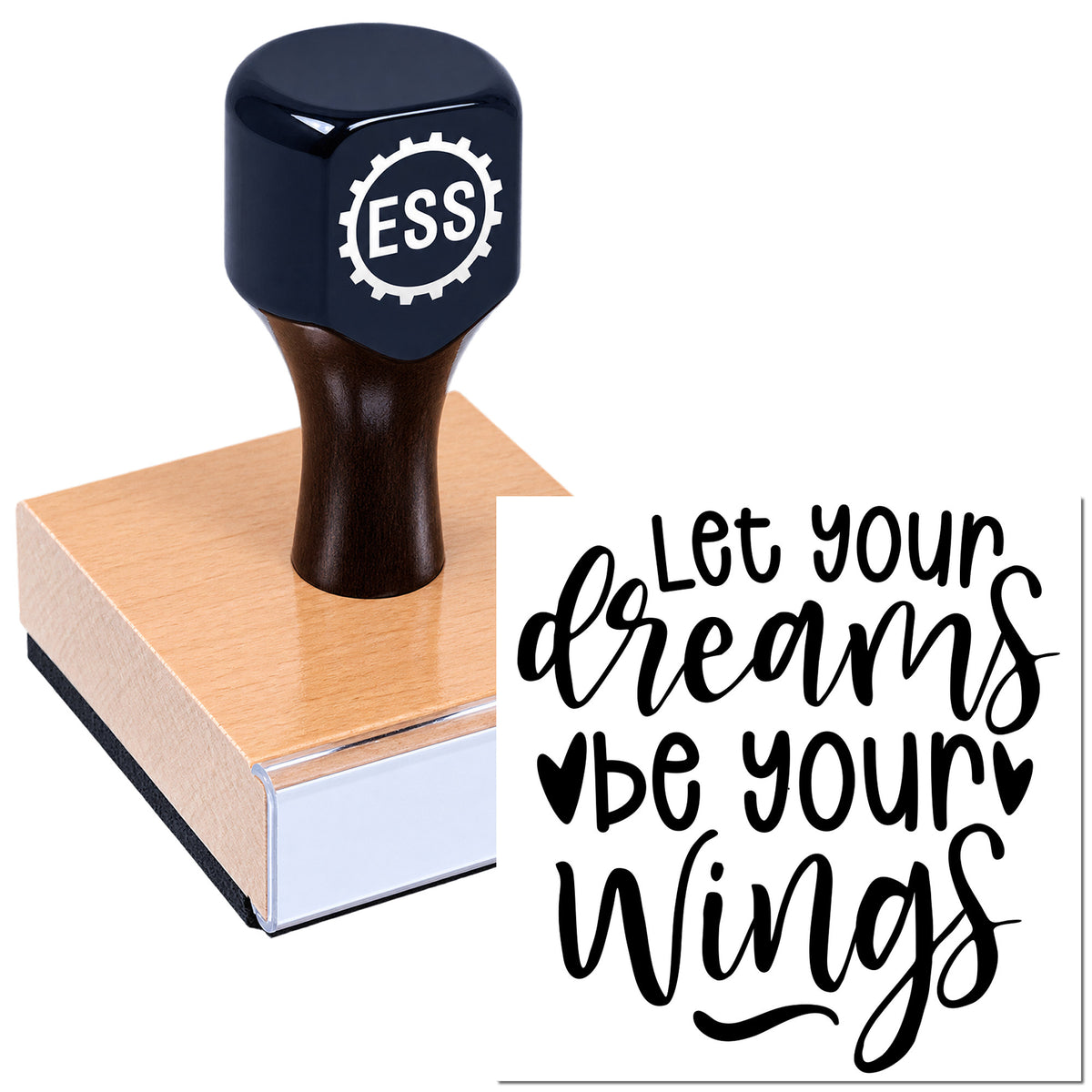 Black ESS stamp and seal on pink block with bold black "Let your dreams be your wings" script.