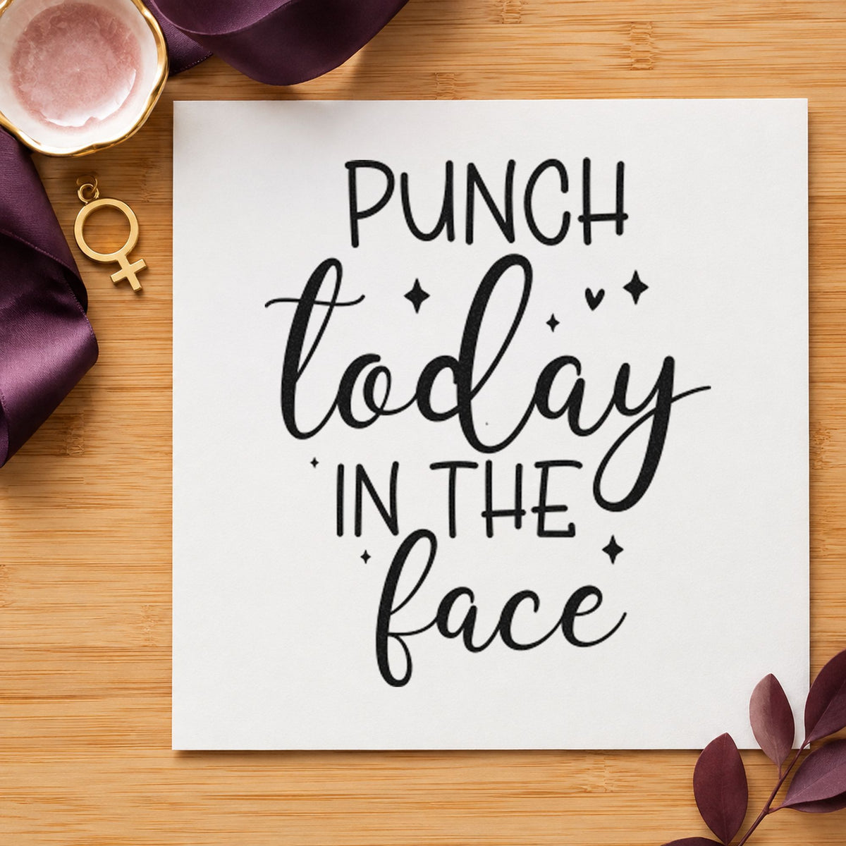 Punch Today In Face rubber stamp printed in black ink, ready for shift task sheet and similar paper crafts.