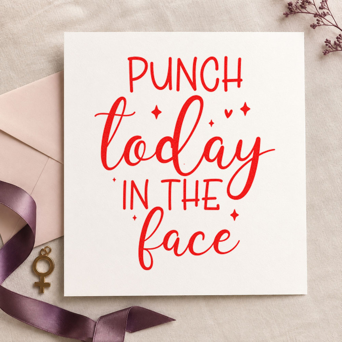 Punch Today In Face craft stamp imprint in red ink on a handmade project, one idea being shift start cards.