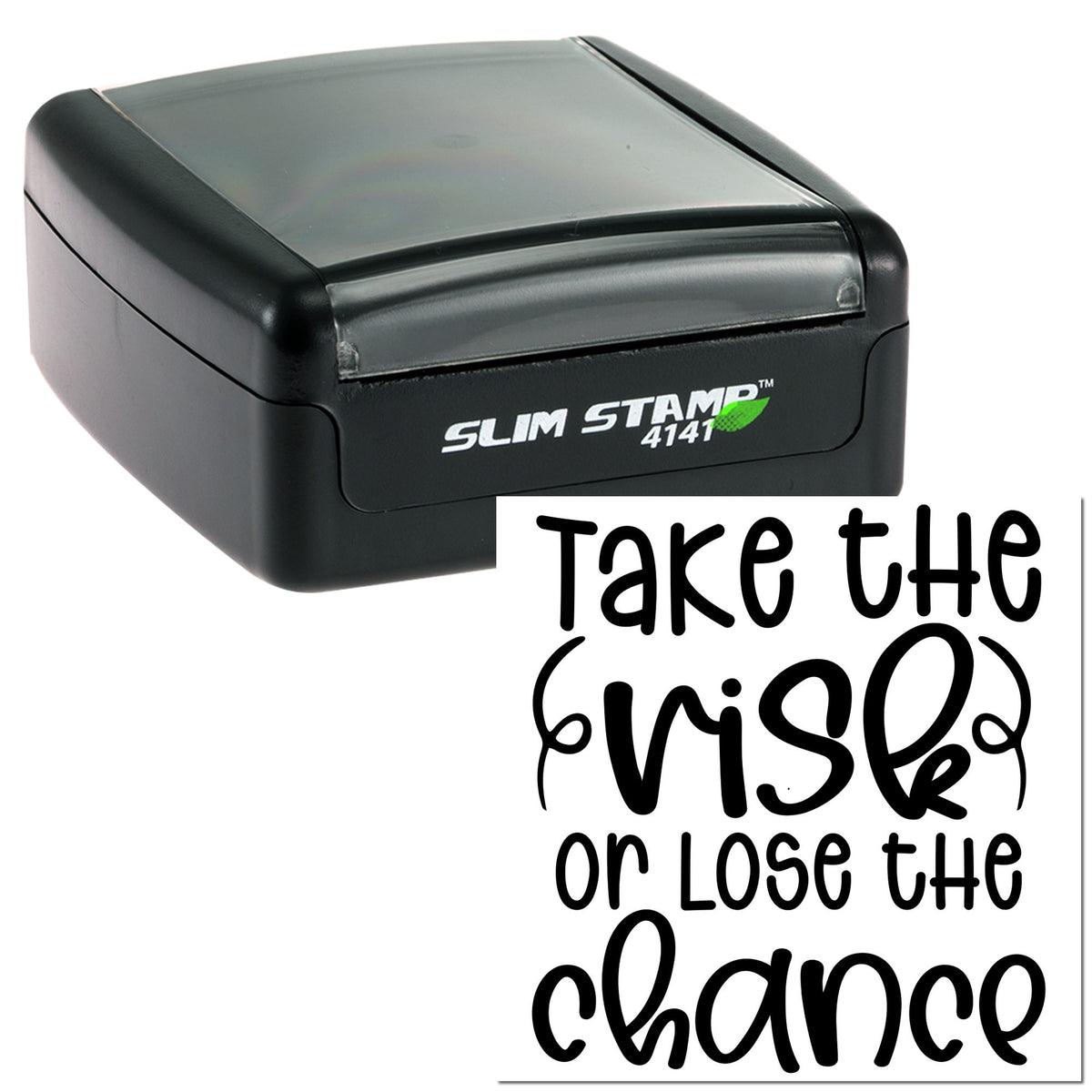 Black self-inking slim stamp with translucent gray cap and bold black script seal impression.