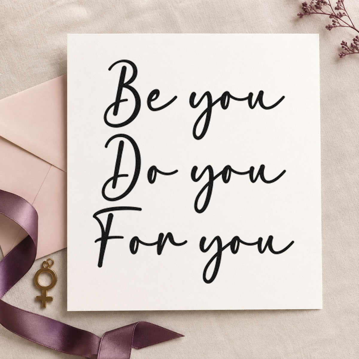 Be You For You craft stamp imprint in black ink on a handmade project, one idea being garment gift tags.