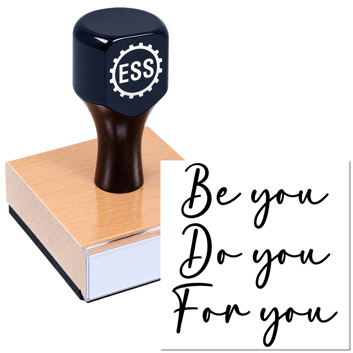 Dark navy custom stamp on copper-toned seal block, with ESS logo and "Be you, Do you, For you" script.