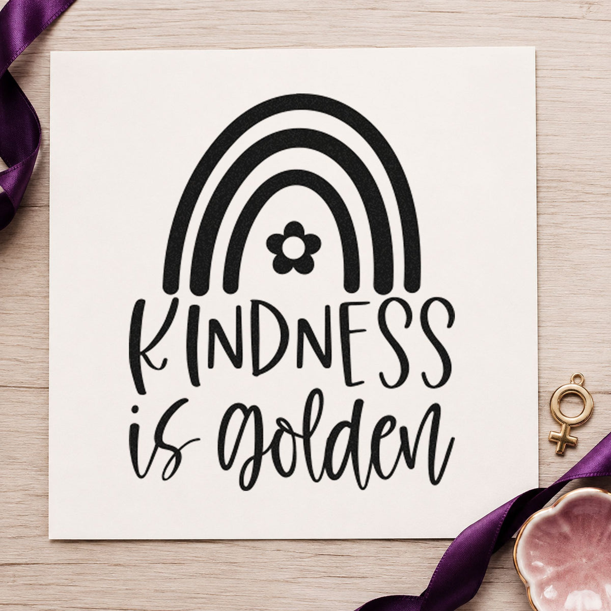Kindness Golden Flower Rainbow craft stamp imprint in black ink on a handmade project, one idea being paint kit gift tags.