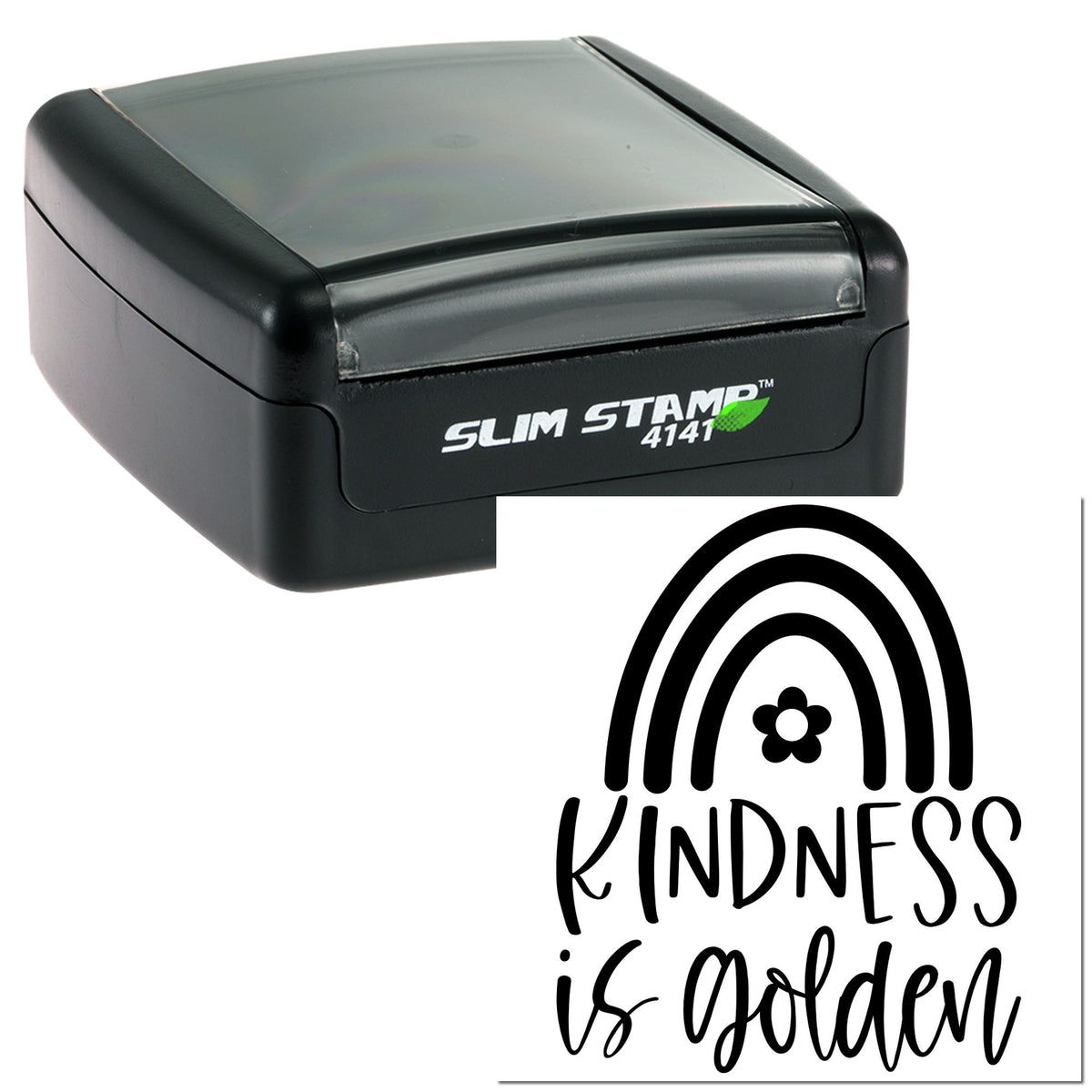 Black slim self-inking stamp with Kindness is Golden rainbow seal design and flower icon