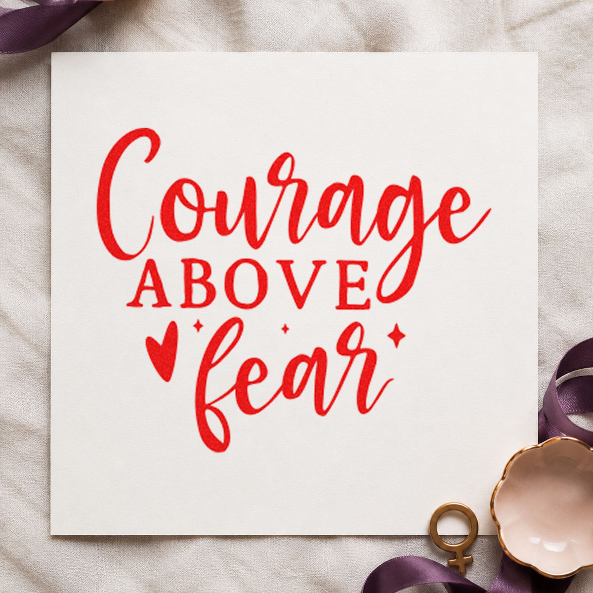 Courage Above Fear Heart rubber stamp shown in red ink, stamped for projects such as bin rescue labels.