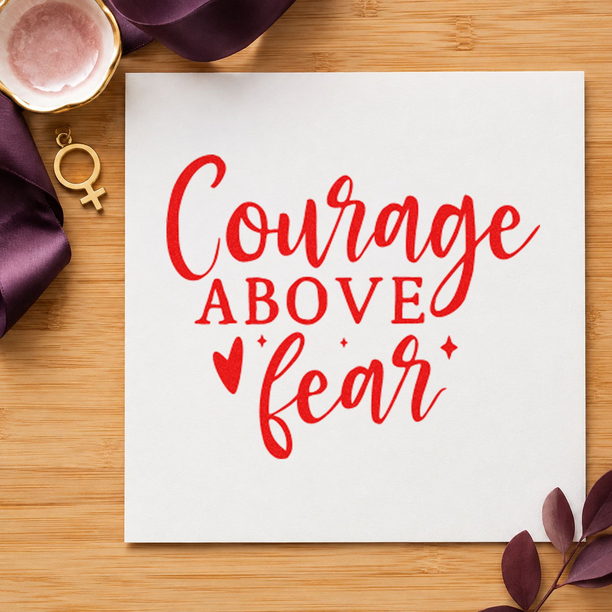 Courage Above Fear Heart craft stamp imprint in red ink on a handmade project, one idea being training note cards.