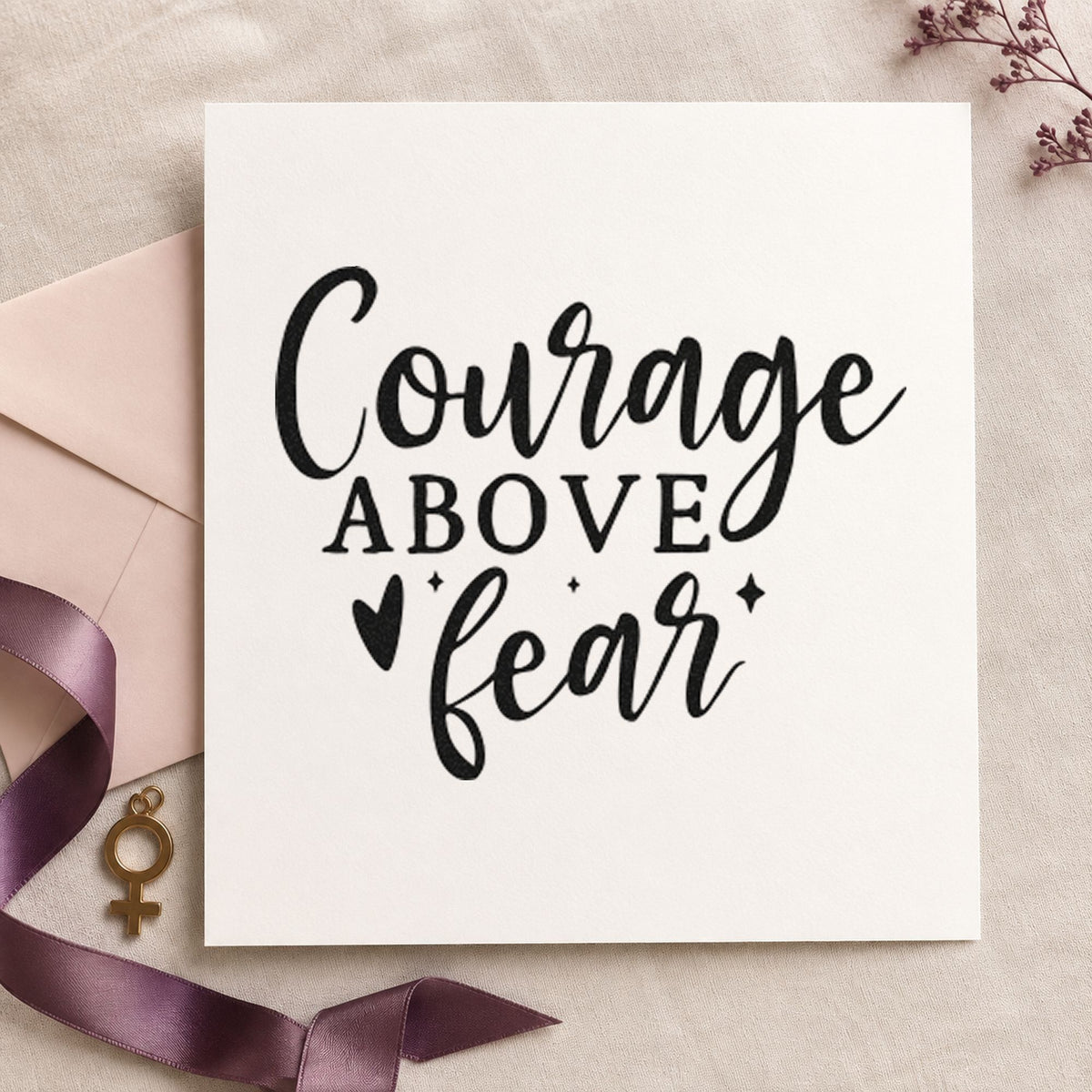 Courage Above Fear Heart rubber stamp printed in black ink, ready for heart sparkle cards and similar paper crafts.