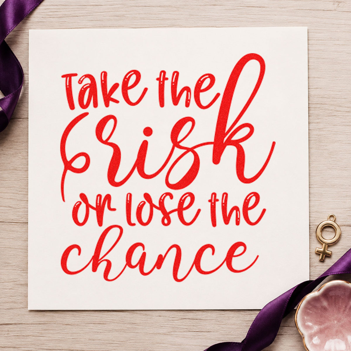 Take Risk Lose Chance rubber stamp shown in red ink, stamped for projects such as crate serving labels.