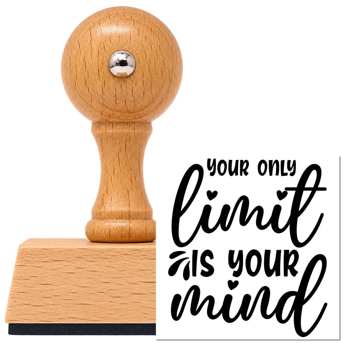 Vintage Pro beech wood stamp with a round knob handle, shown with its black Your Only Limit Mind imprint on white.