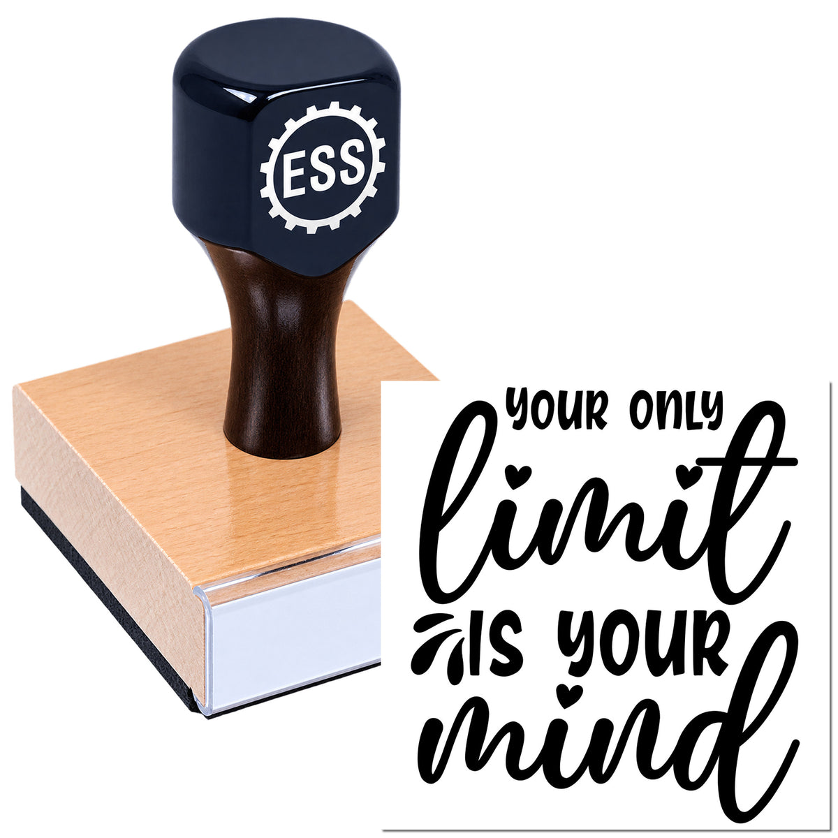 Black ESS rubber stamp seal on a pink base with custom "your only limit is your mind" lettering.