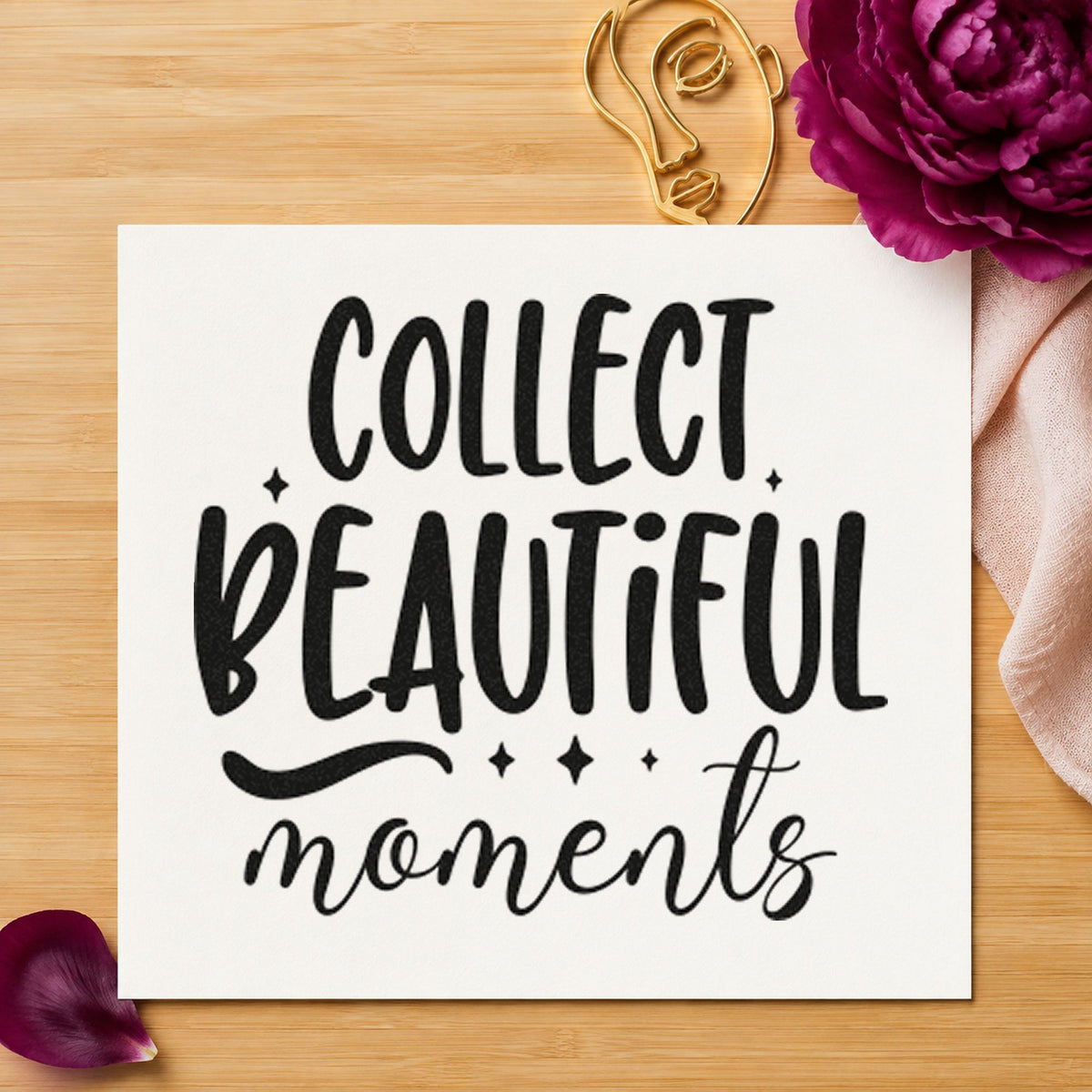 Collect Beautiful Moments Flourish craft stamp in black ink on cardstock, an easy option for shore album page.