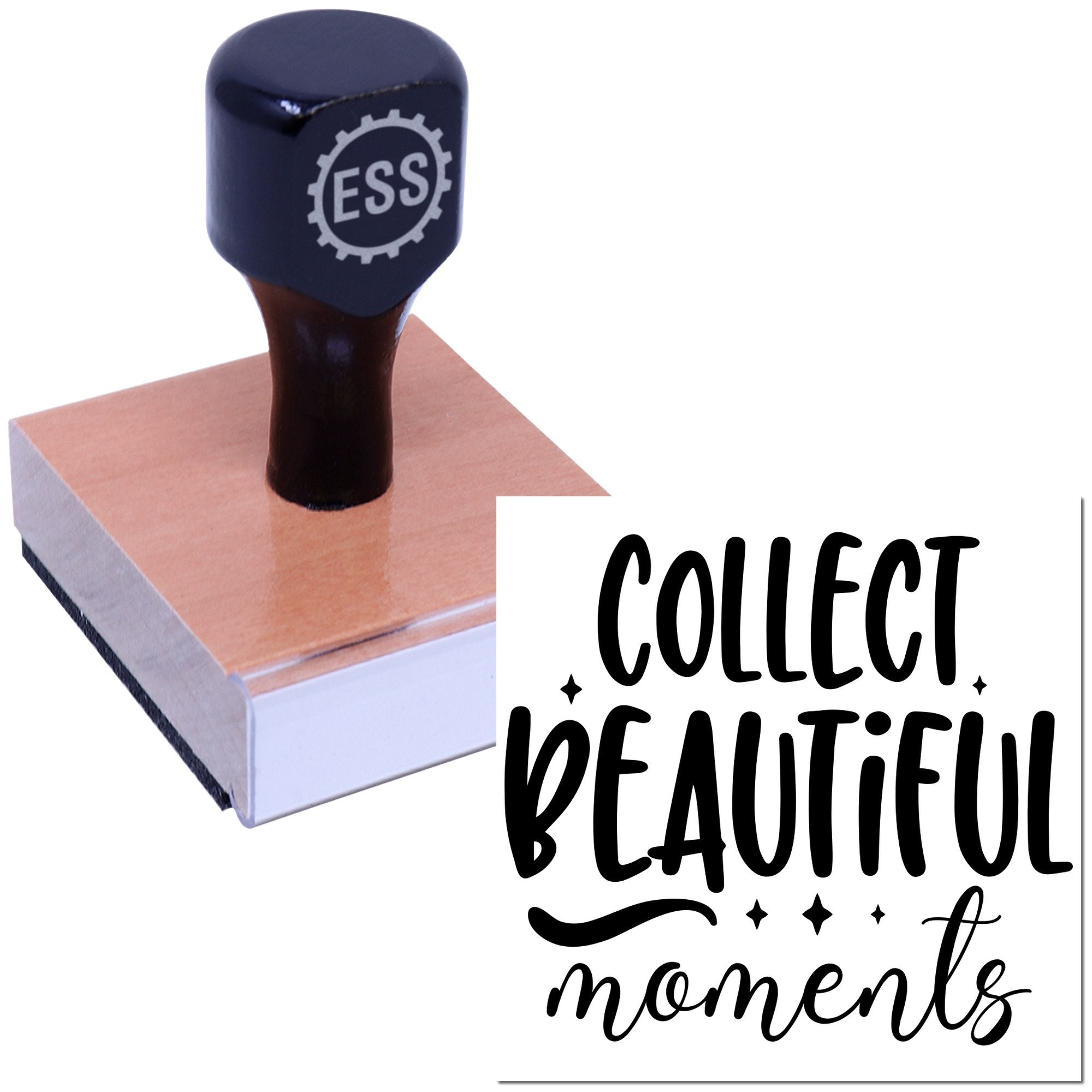 Black ESS rubber stamp on a pink seal block, with Collect Beautiful Moments design.