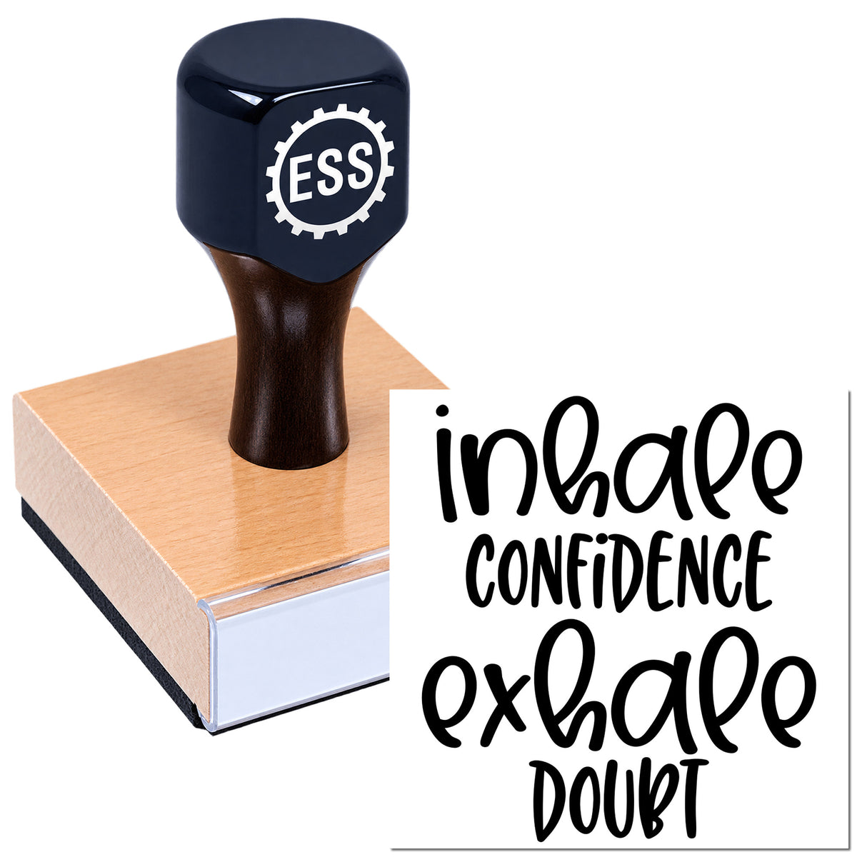 Black ESS seal stamp on a copper-toned block with white logo and bold "inhale confidence exhale doubt" text.